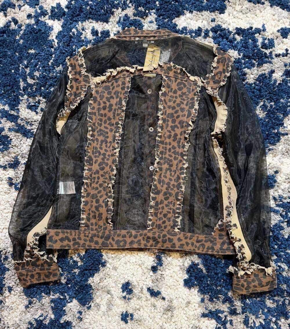 Adore Leopard Print Mesh Panel Distressed Denim Jacket Size M - Picture 2 of 5